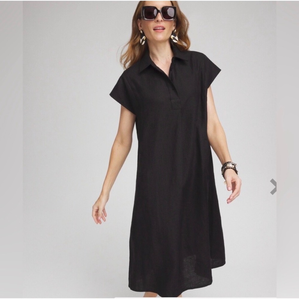 Chicos Black 100% Linen Shift Dress Midi Cap Sleeve Pockets Womens Size 00 US 2